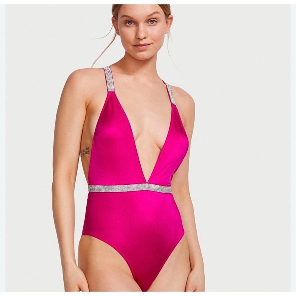 Victorias Secret Pink One-Piece Swimsuit‎ With Rhinestone Straps Waistband XXL
